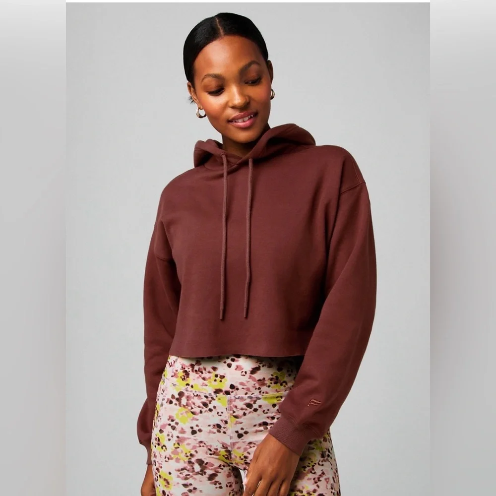 Fabletics Cozy Fleece Cropped Hoodie Chocolate Brown Oversized XS (Fits S) NWOT - Picture 1 of 12